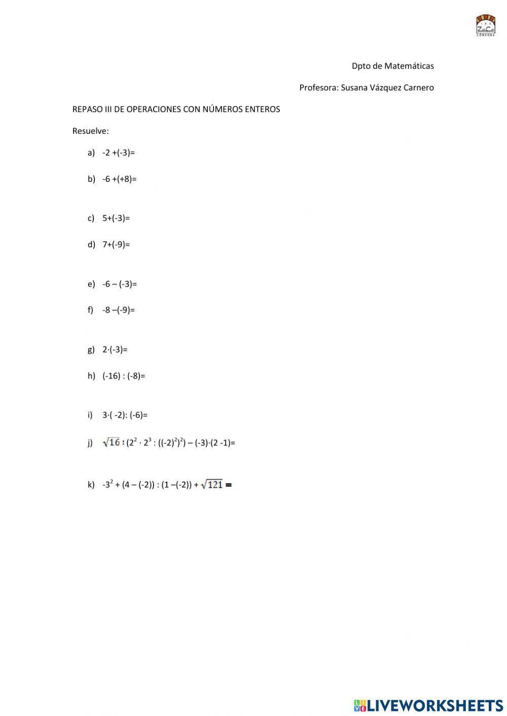 Repaso 3 operaciones con números enteros