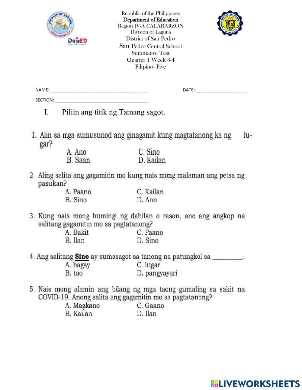 Q1 W3-4 Summative Test in Filipino