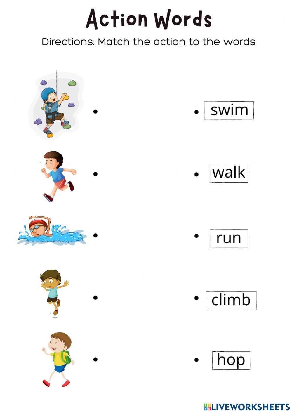 Action Words Interactive Worksheet For Kindergarten Live Worksheets
