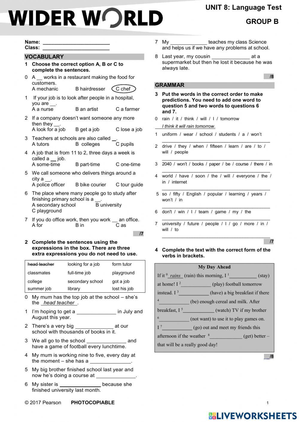 wider world 2 unit 6 test group b