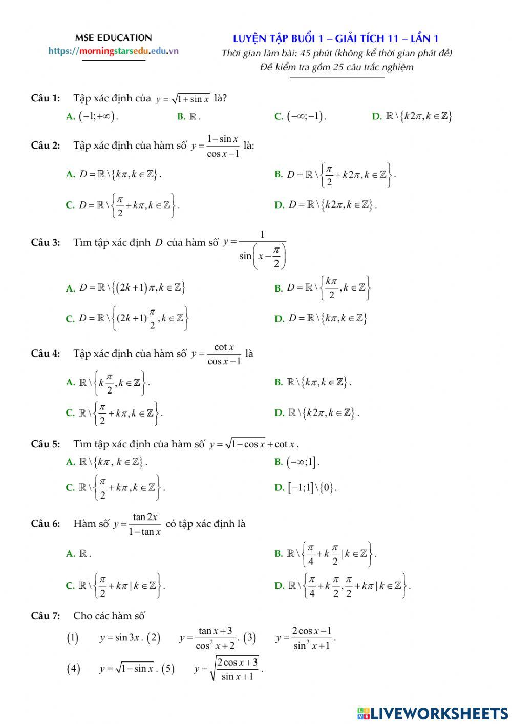 Toán 11 - Tập xác định của hàm số lượng giác