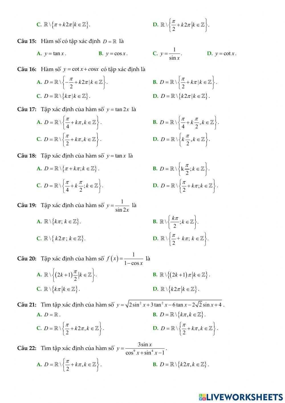Toán 11 - Tập xác định của hàm số lượng giác
