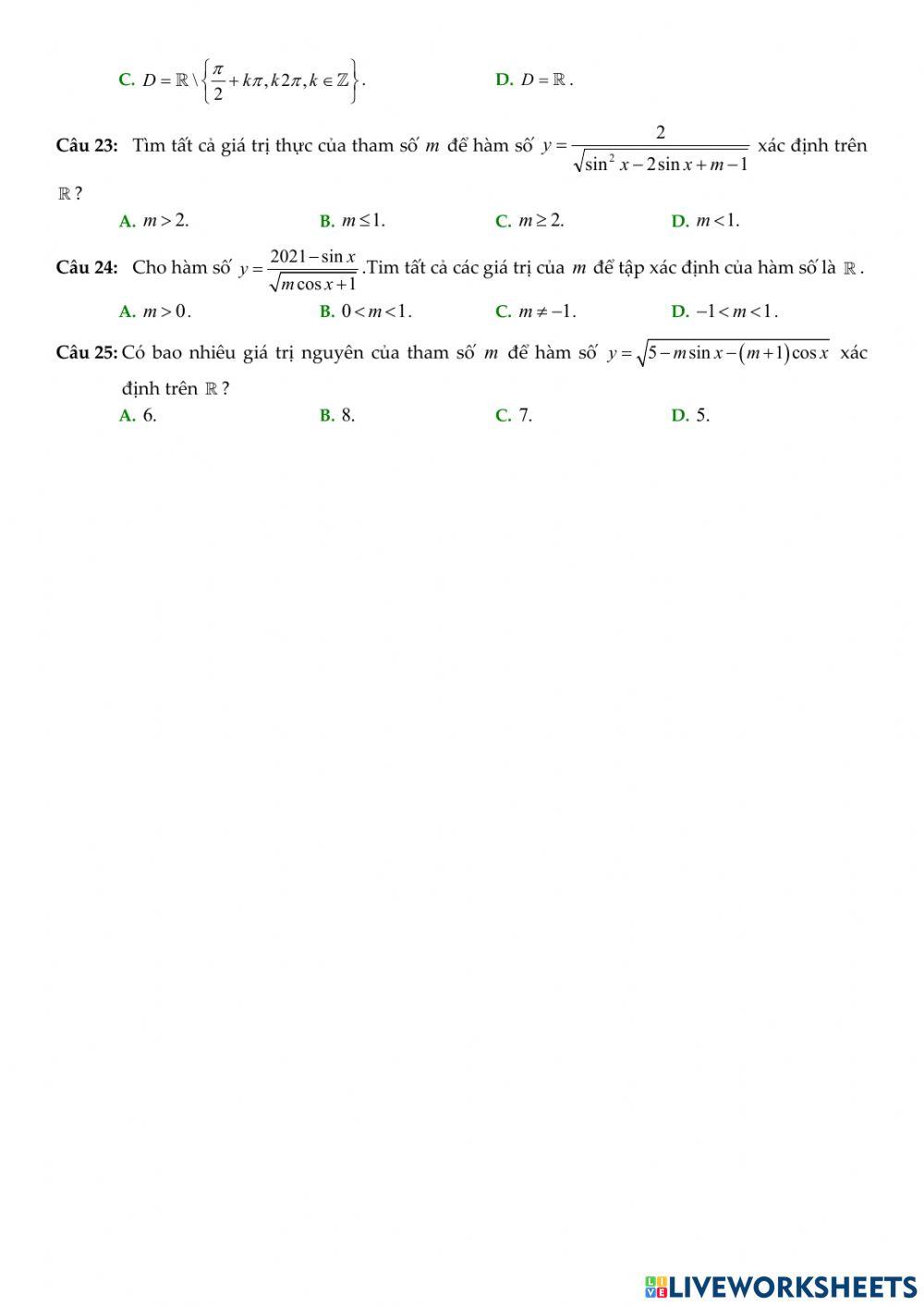 Toán 11 - Tập xác định của hàm số lượng giác