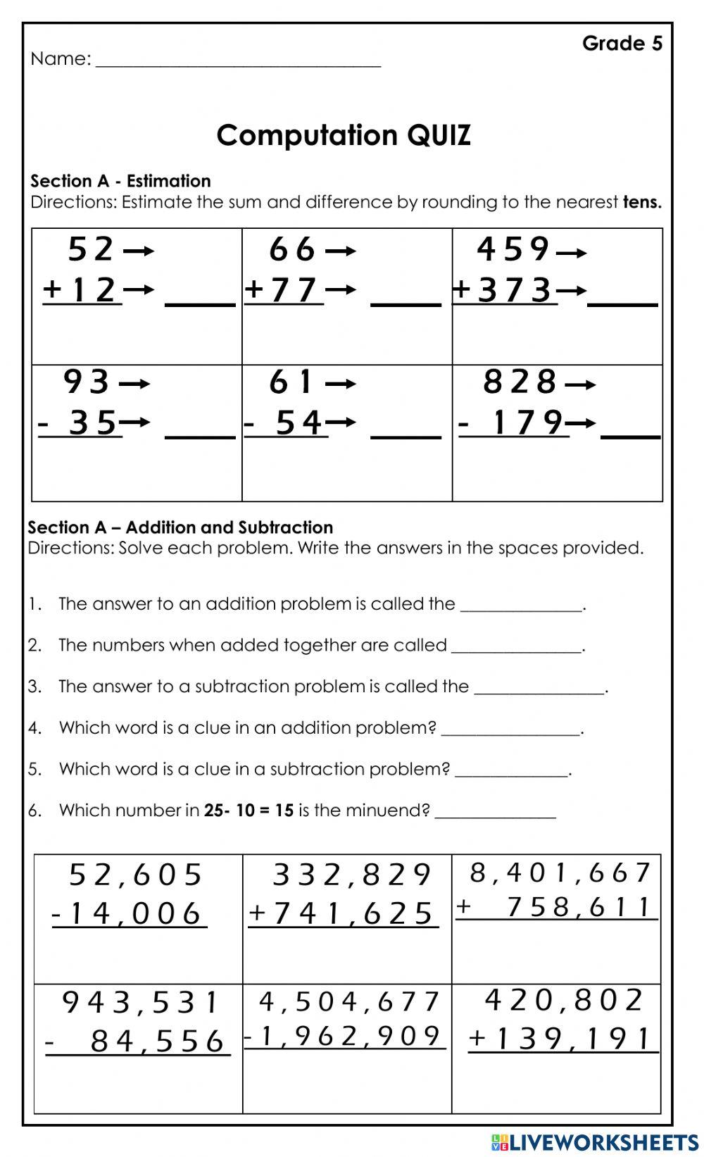 Computation Quiz interactive worksheet | Live Worksheets