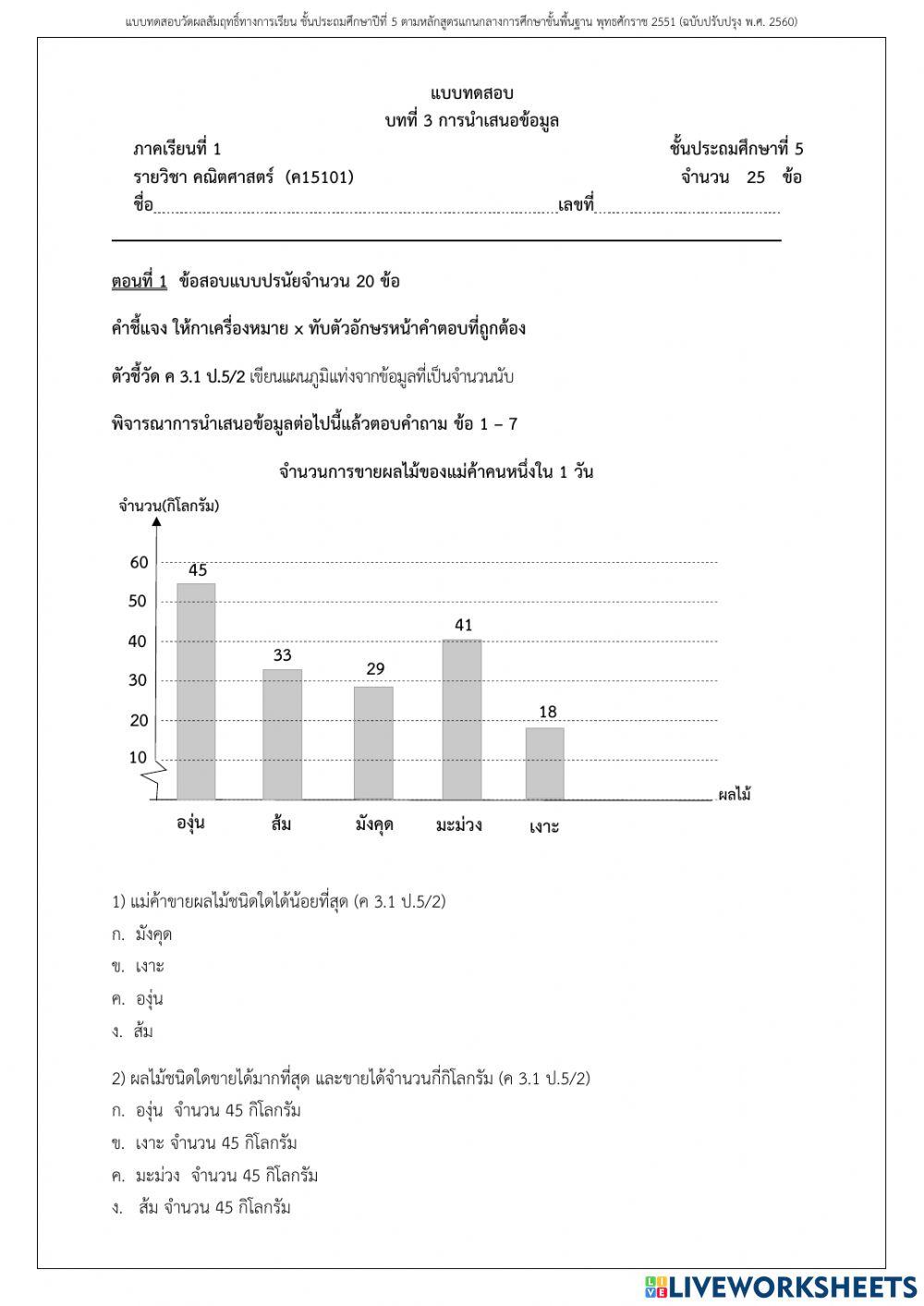 แบบทดสอบบทที่ 3 เรื่องการนำเสนอข้อมูล