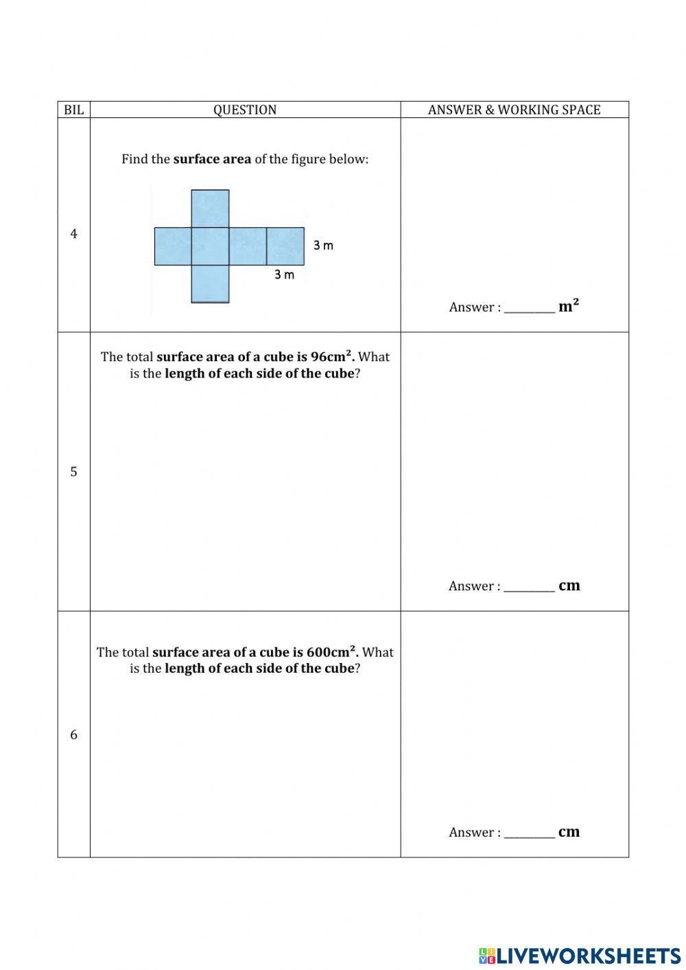 Find missing side of a cube given the surface area