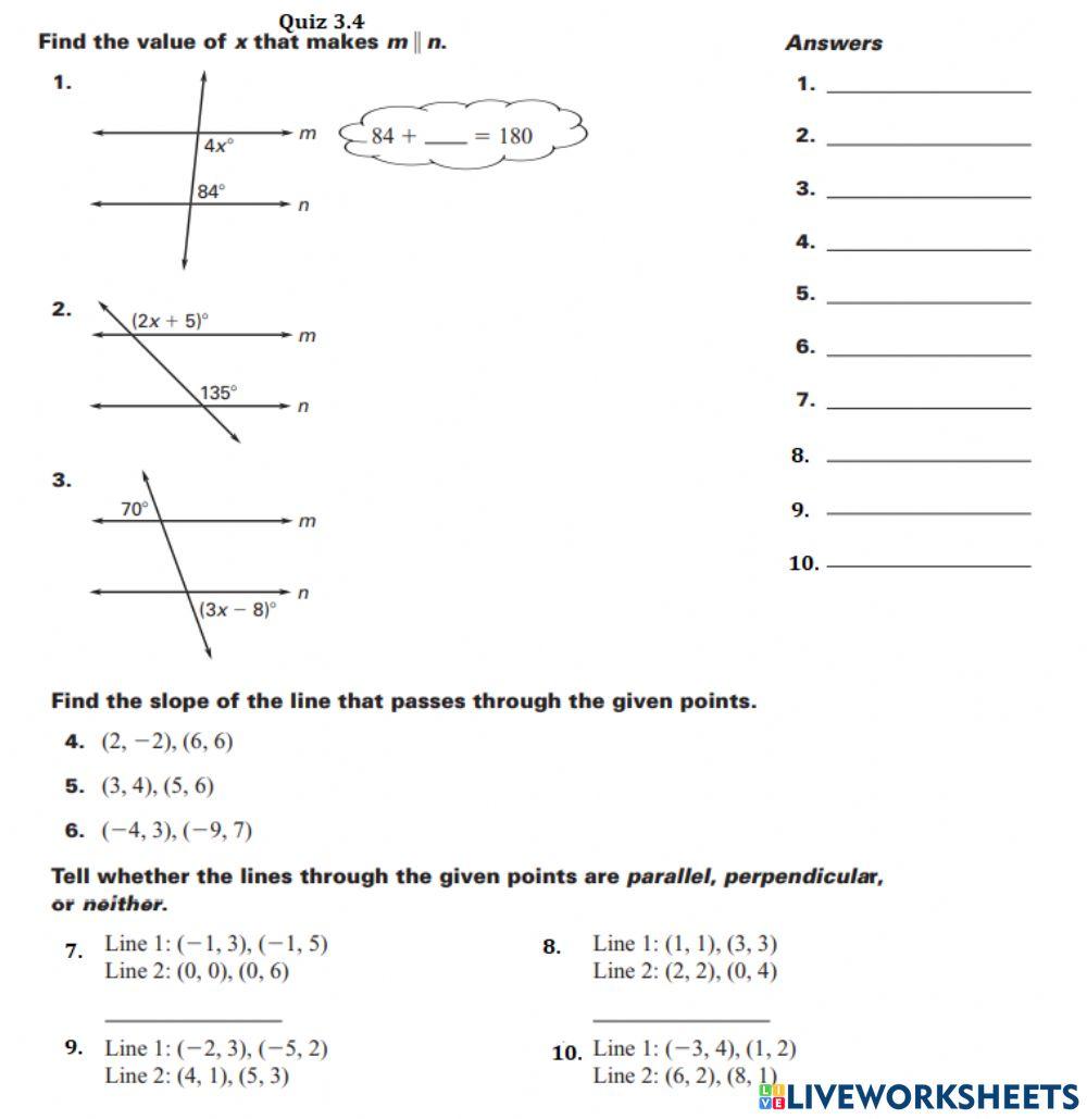 Parallel and perpendicular slope quiz