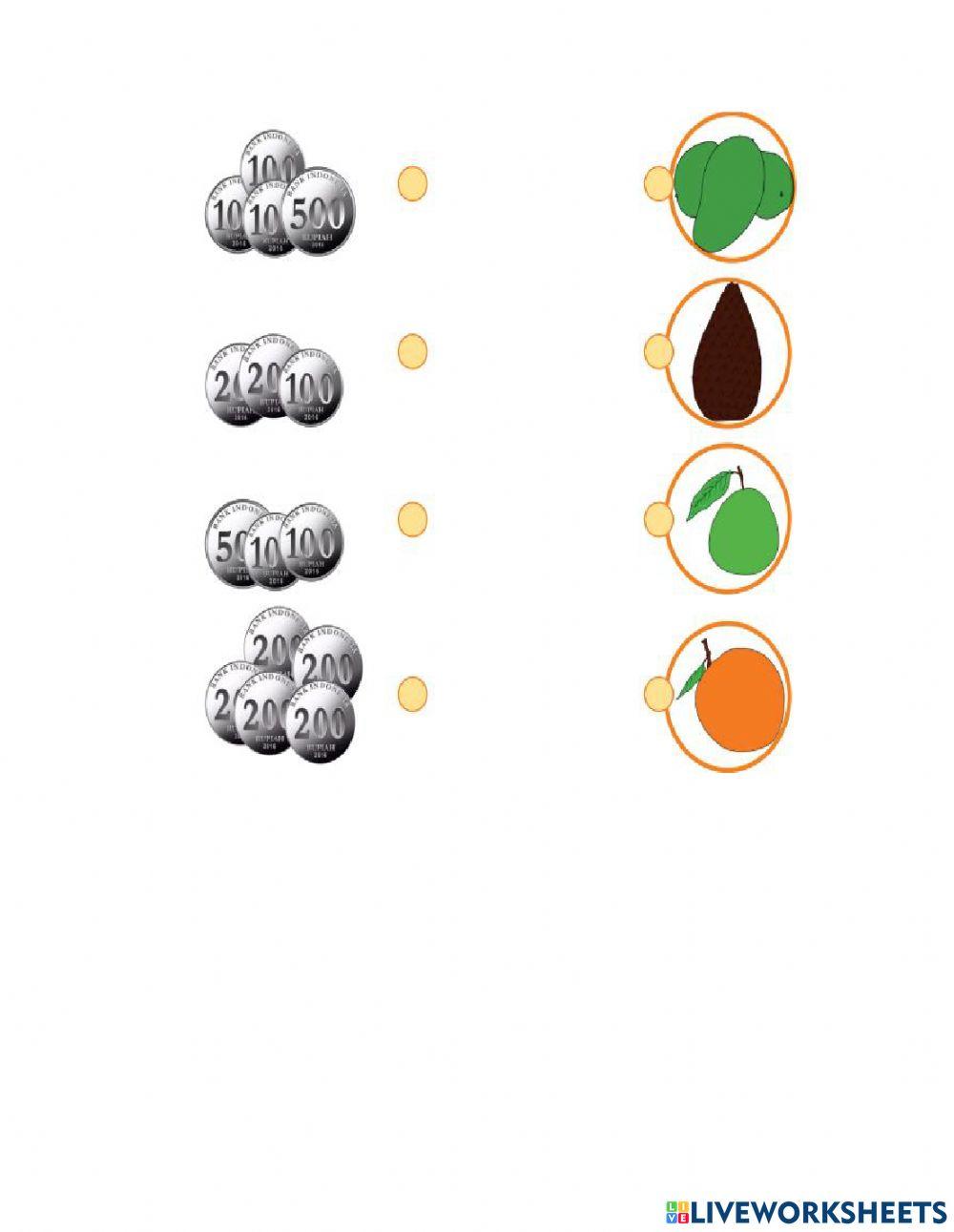 Pasangkan harga buah dengan kumpulan pecahan uang yang sesuai
