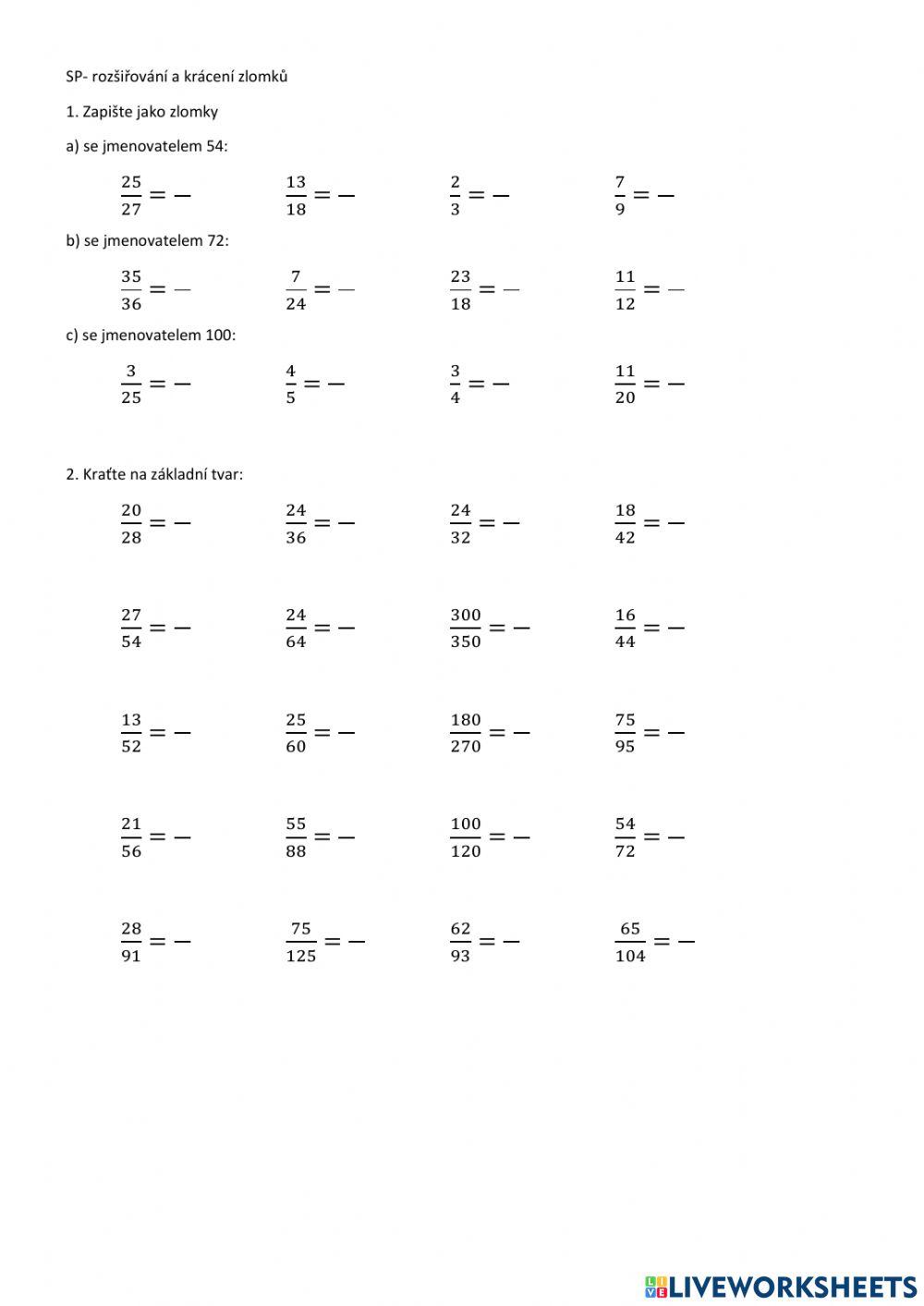 Rozšiřování a krácení zlomků 2 worksheet | Live Worksheets