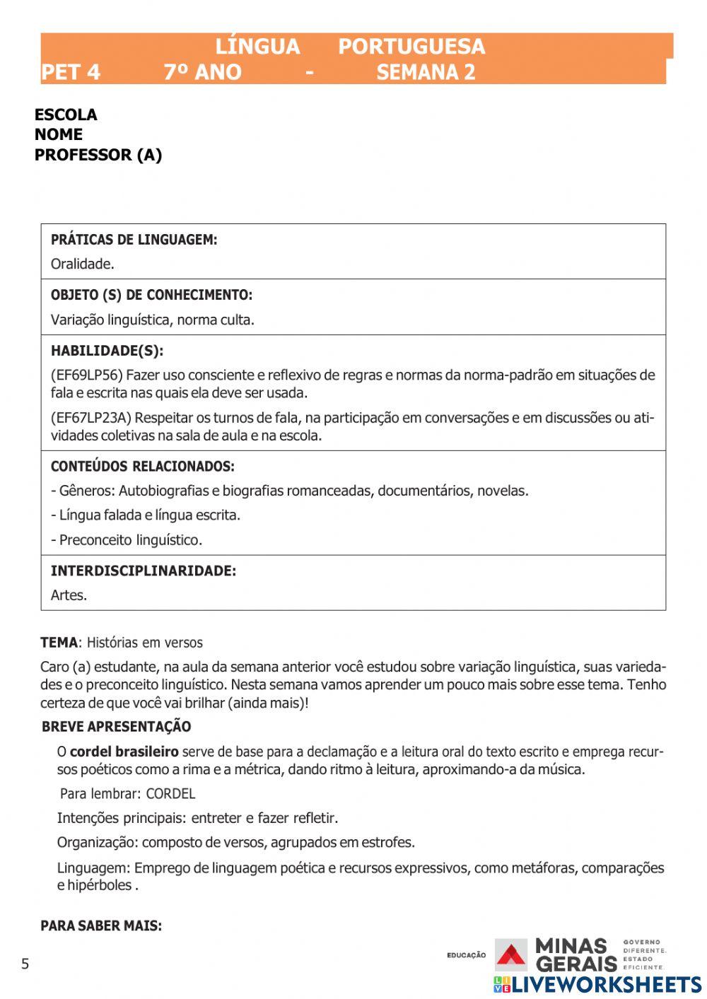 Pet 4 7º ano - semana 2