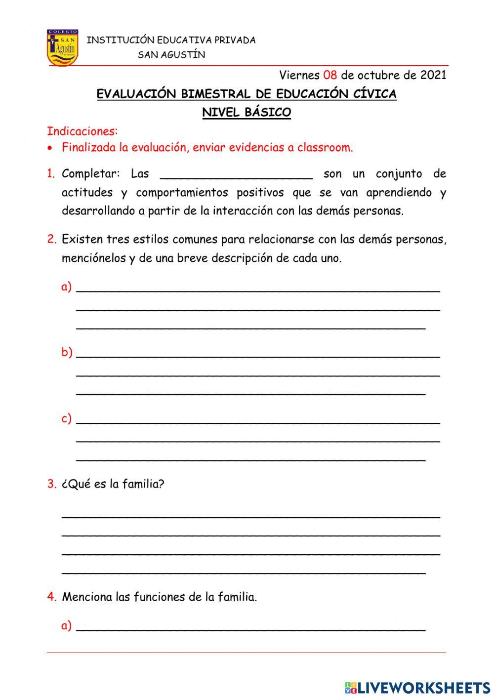 Evaluación Bimestral de Educación Cívica