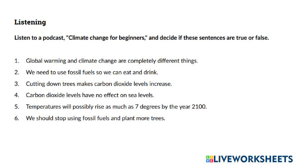 Climate change listening 1 worksheet live worksheets