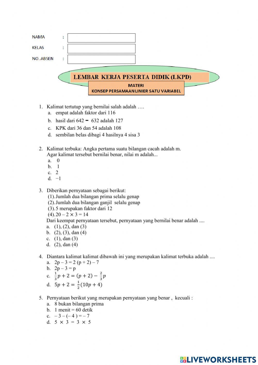 Konsep Persamaan Linier Satu  Variabel