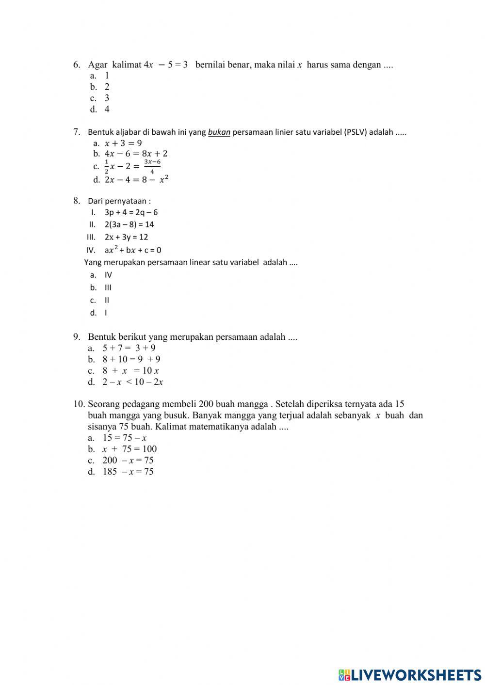Konsep Persamaan Linier Satu  Variabel