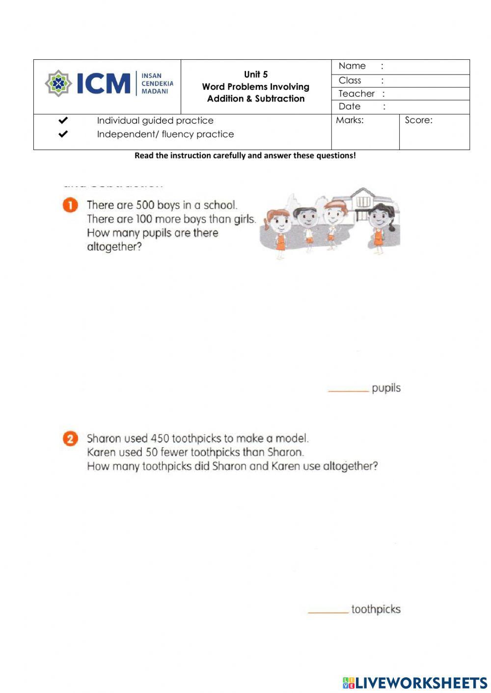 Word problems add & subtract worksheet | Live Worksheets