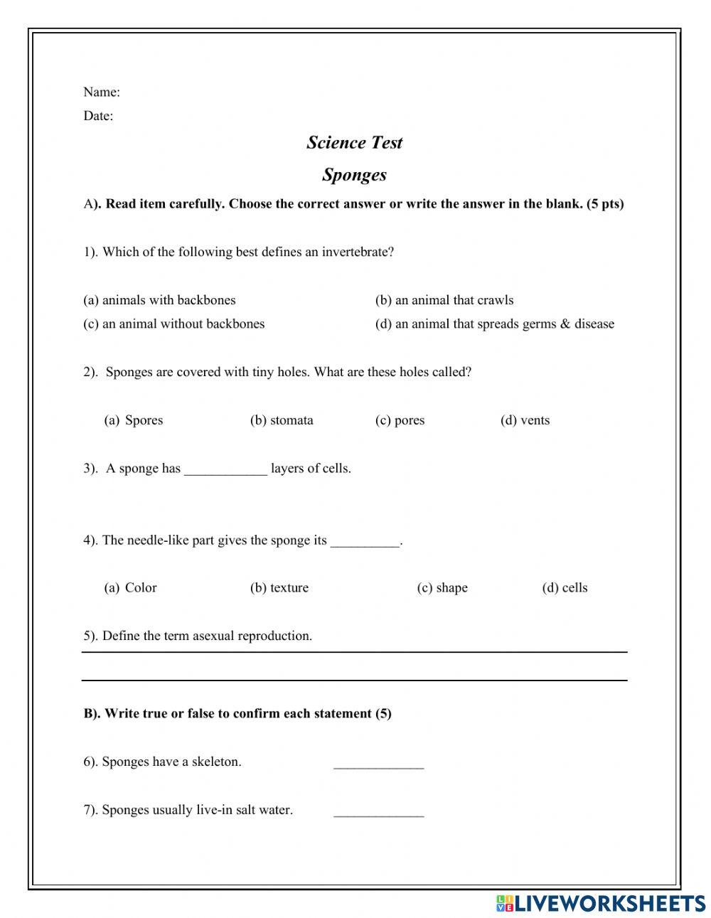 Sponges Test worksheet Live Worksheets