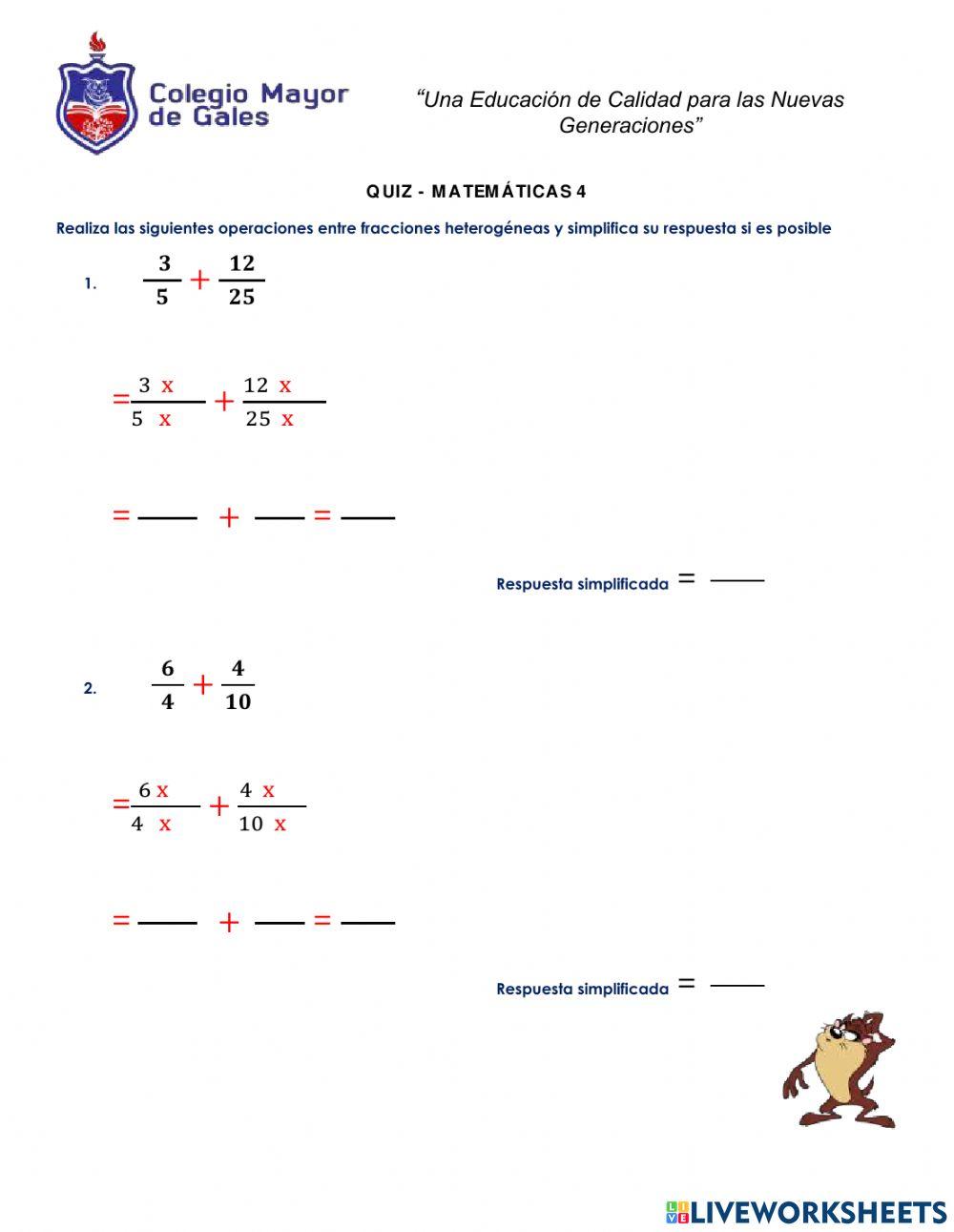 Quiz fracciones heterogéneas suma y resta