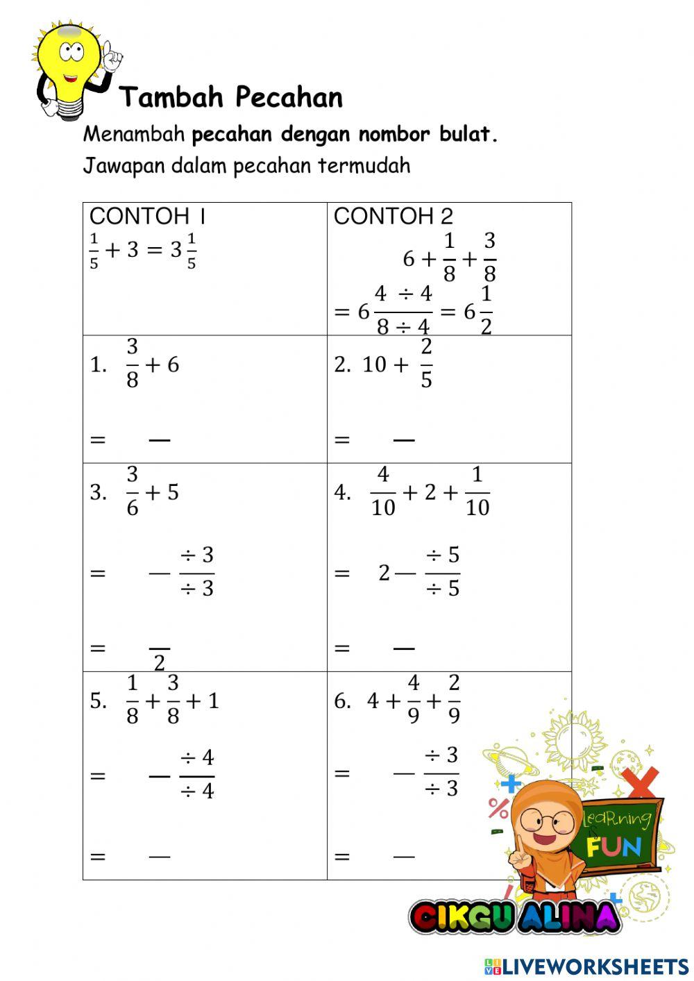 Tambah pecahan dengan nombor bulat