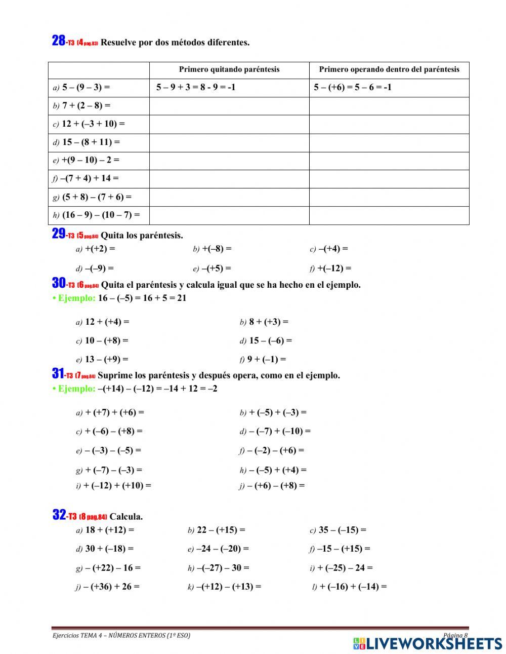 Sumas y restas de enteros con parentesis