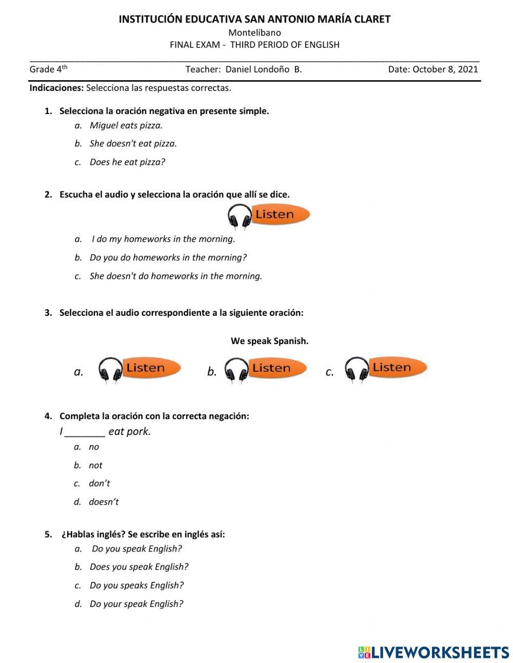Evaluación de Inglés 4°--3P
