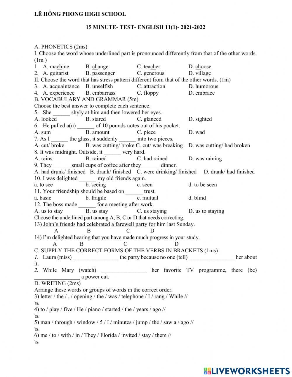 English 11- 15 minute test Unit 1+2