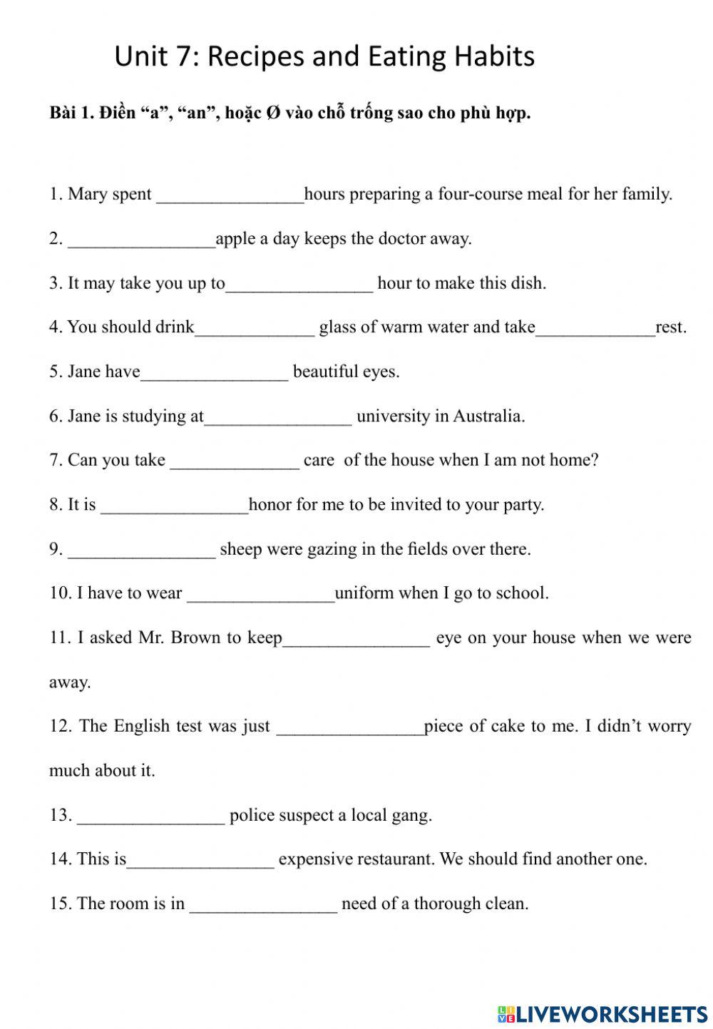 English 9 -Unit 7- Recipes and eating habits