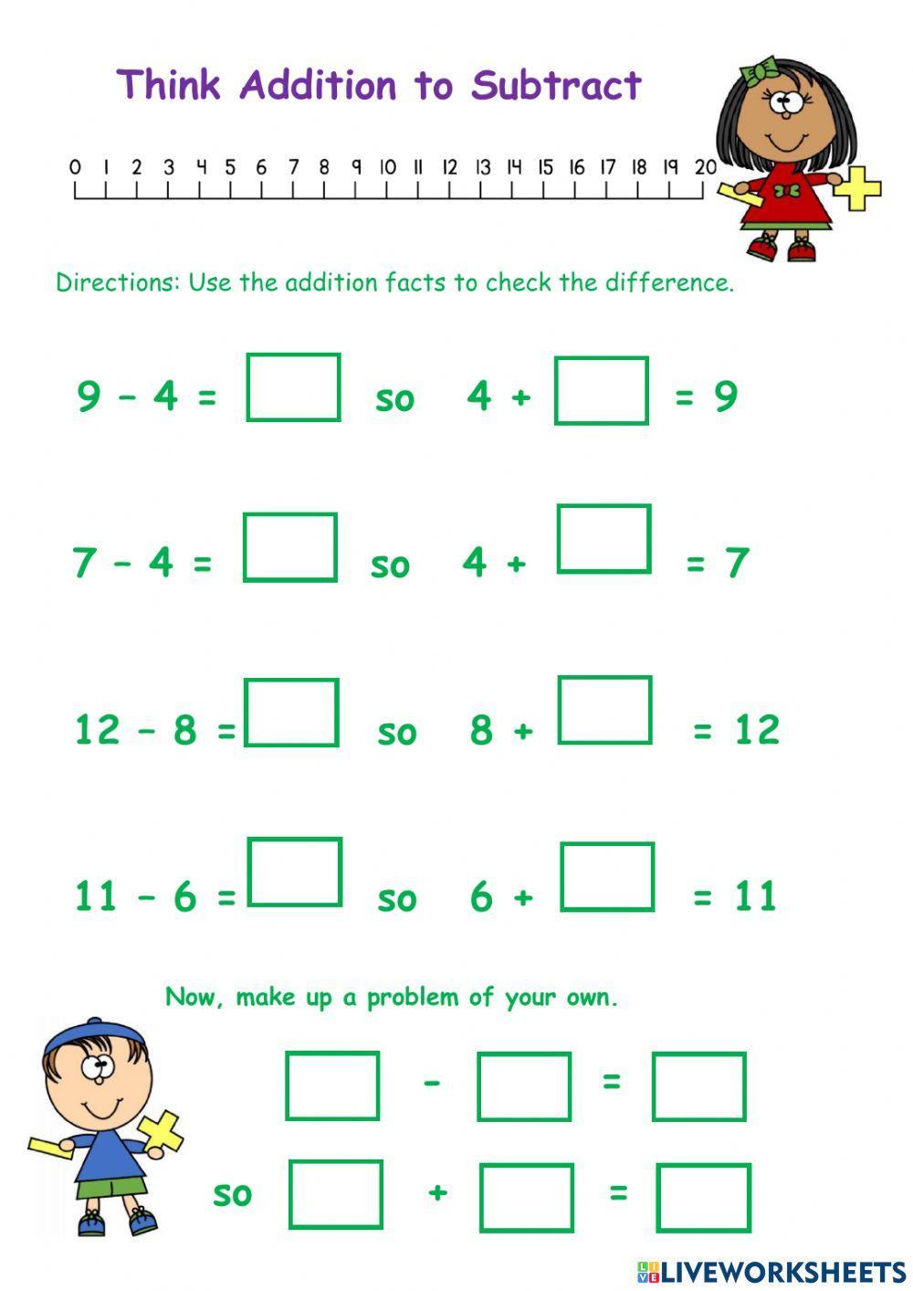 Think addition to subtract liveworksheets 1500854