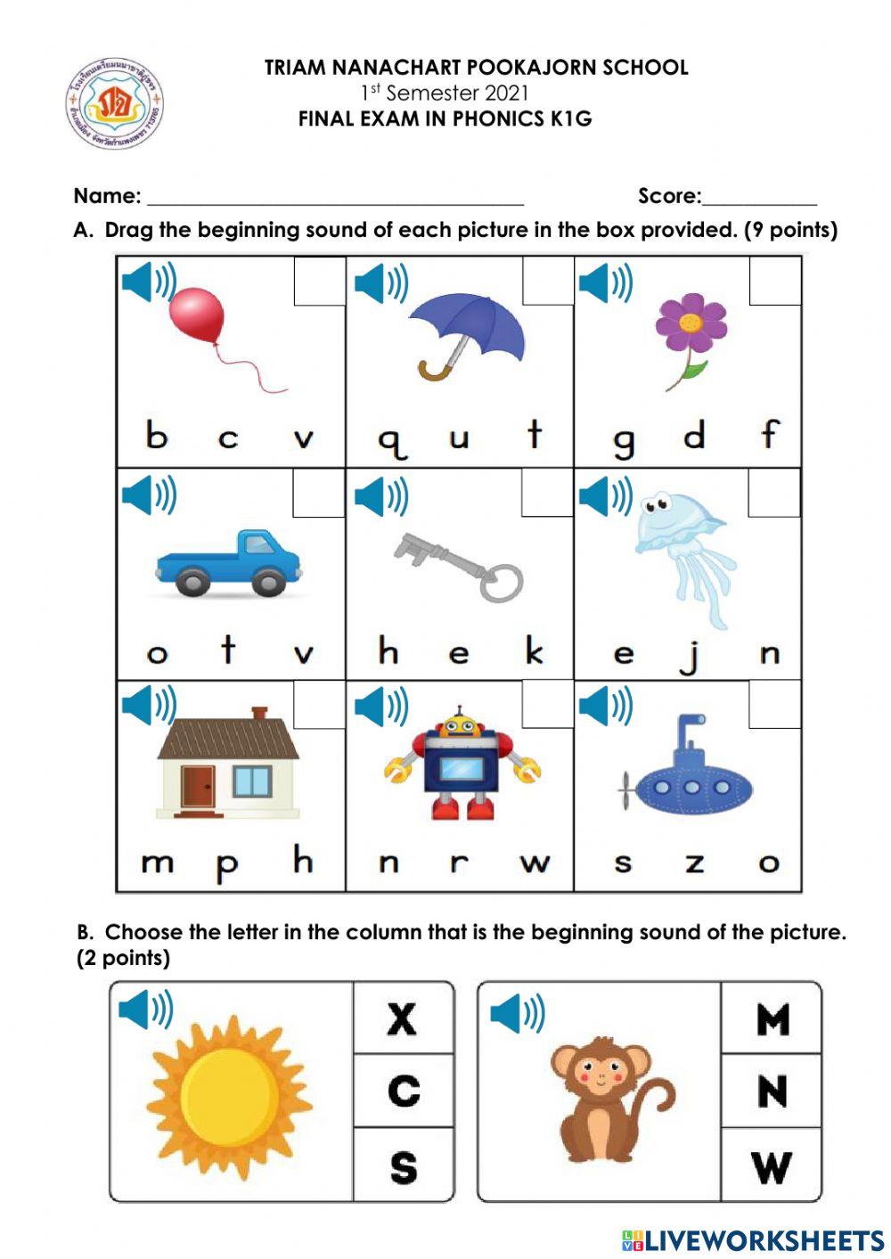 K1 Phonics Exam 1st Semester