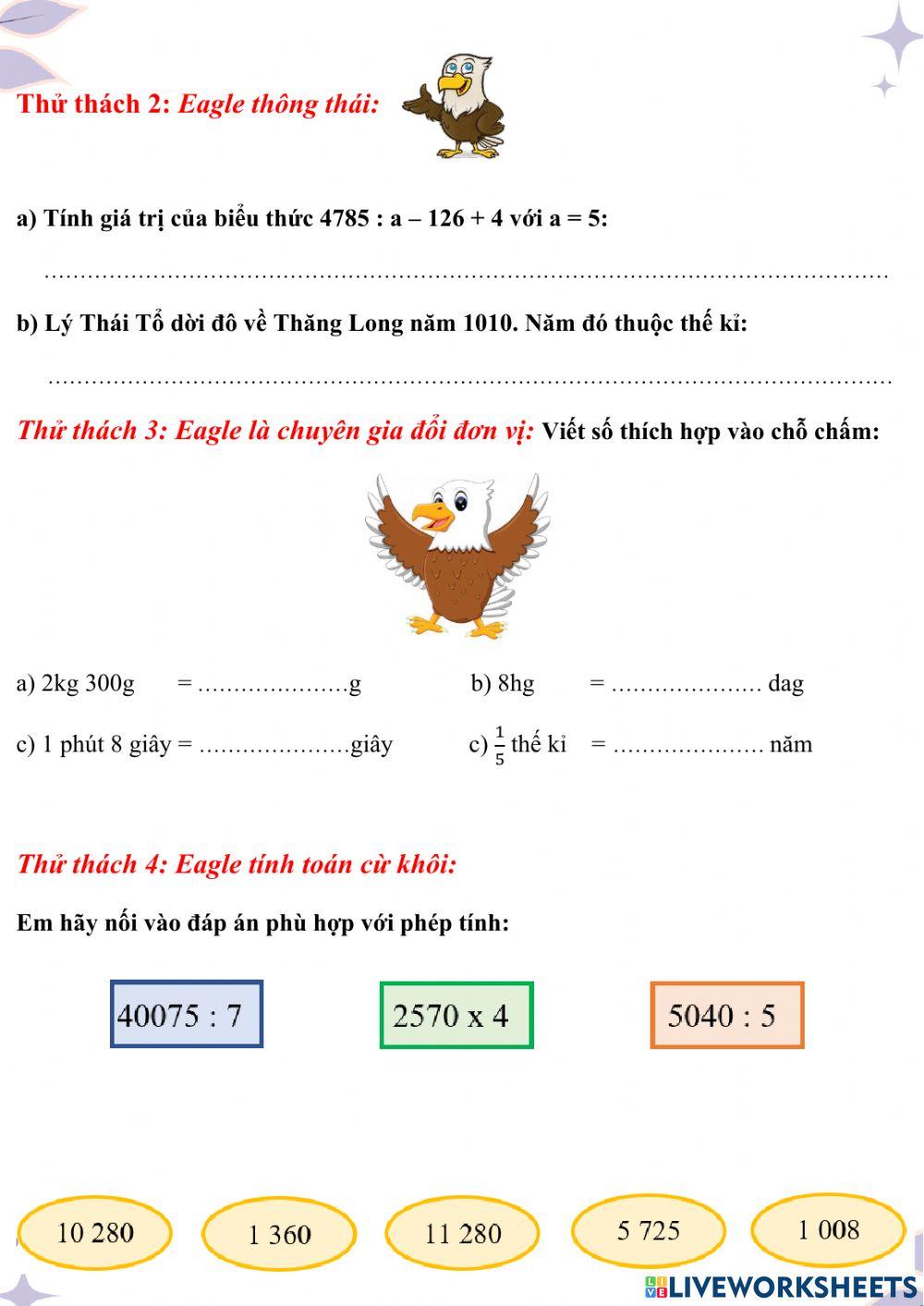 Phiếu cuối tuần 5 - Môn Toán