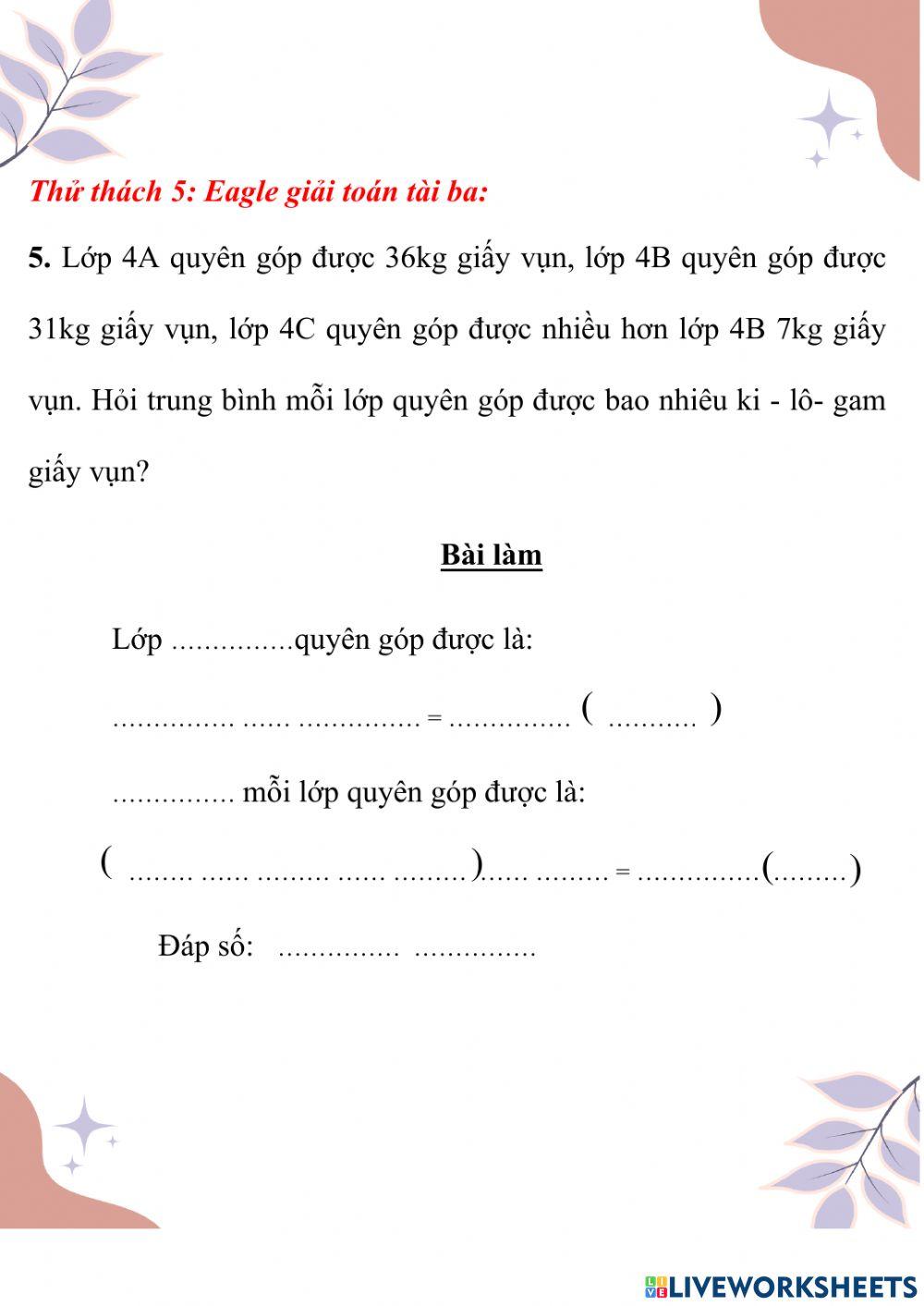 Phiếu cuối tuần 5 - Môn Toán