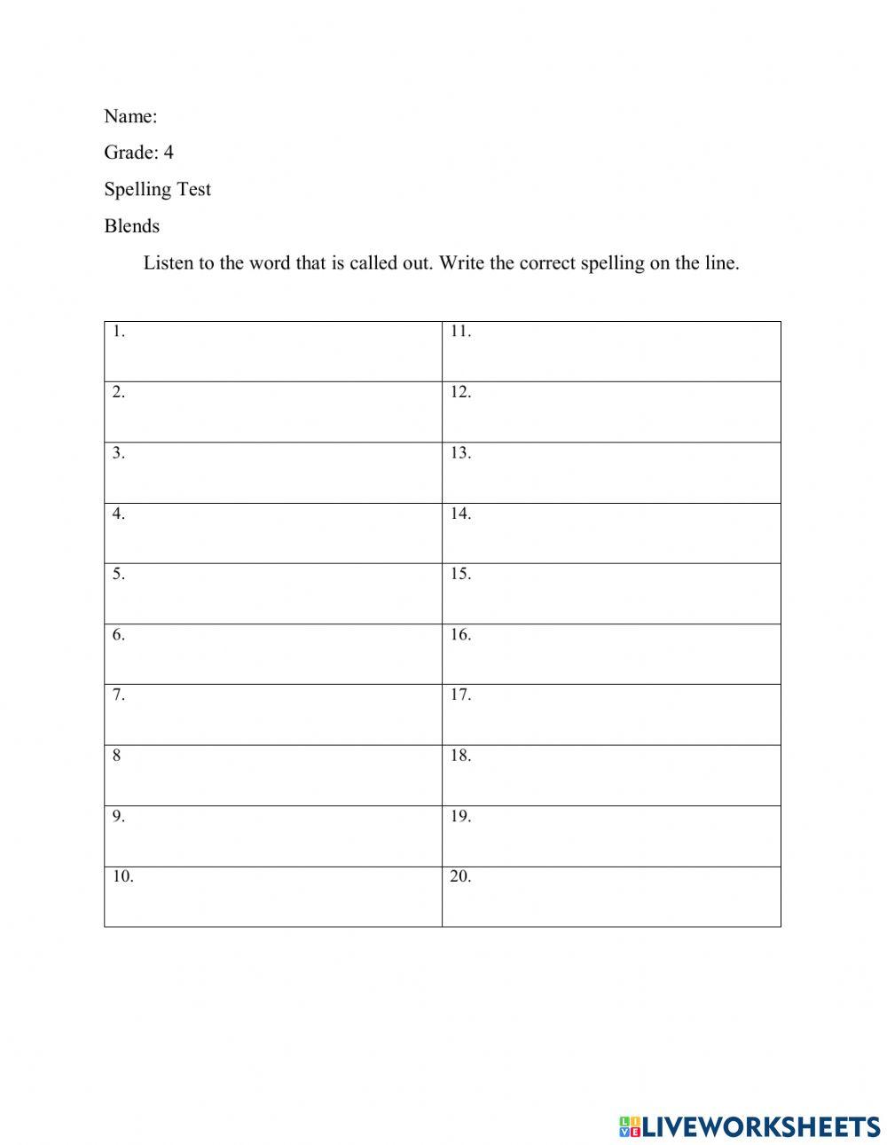 Consonant R blends Spelling Test