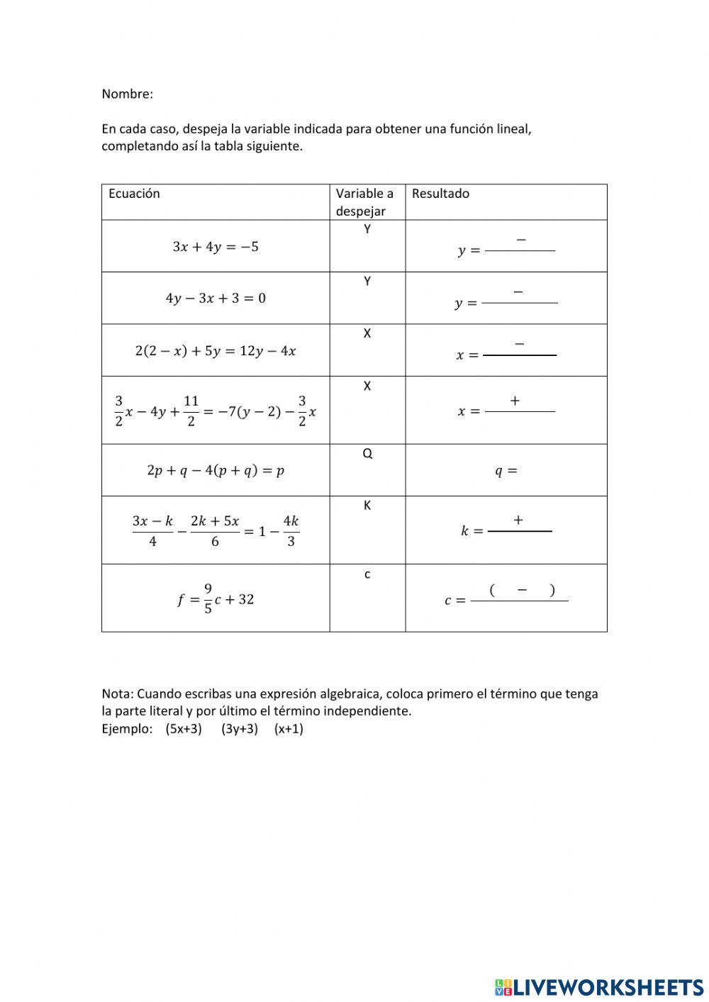 Despeje de ecuaciones
