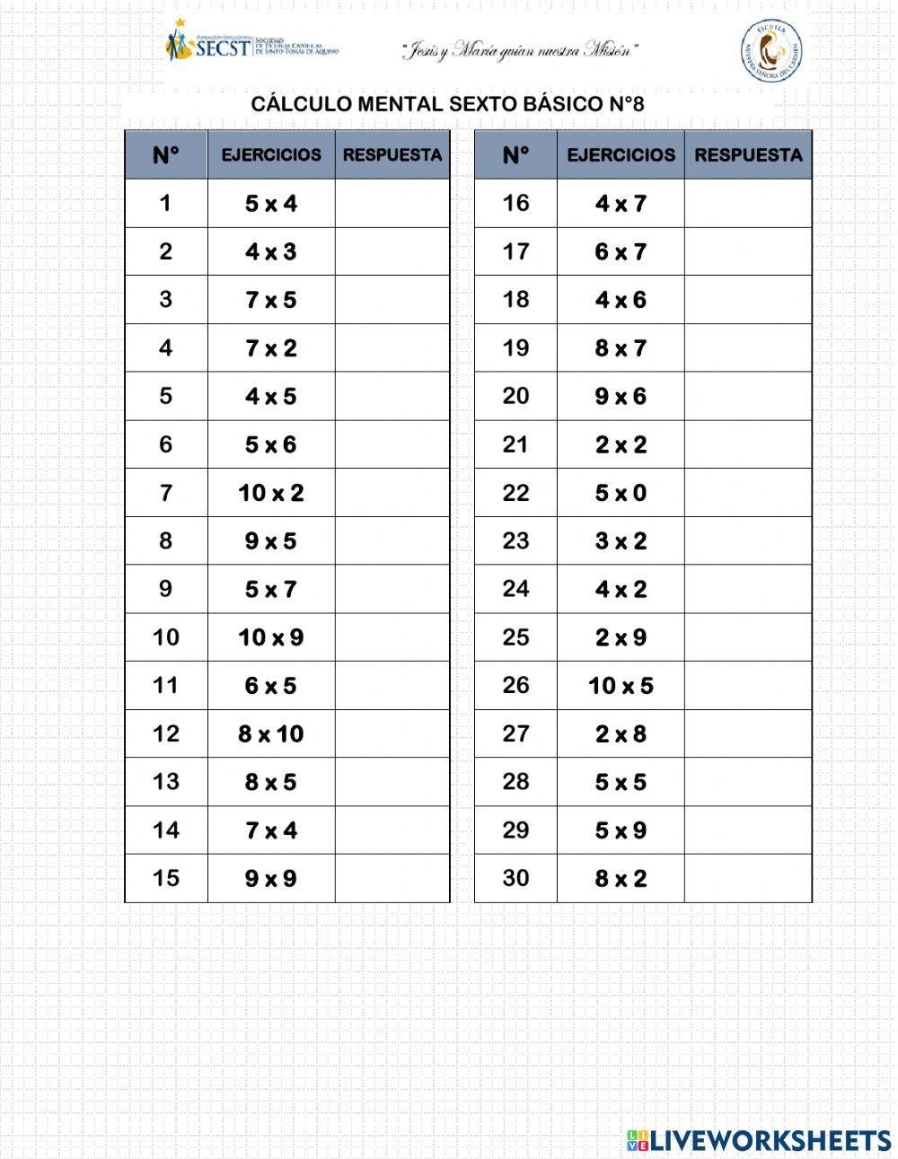 Cálculo mental N°8
