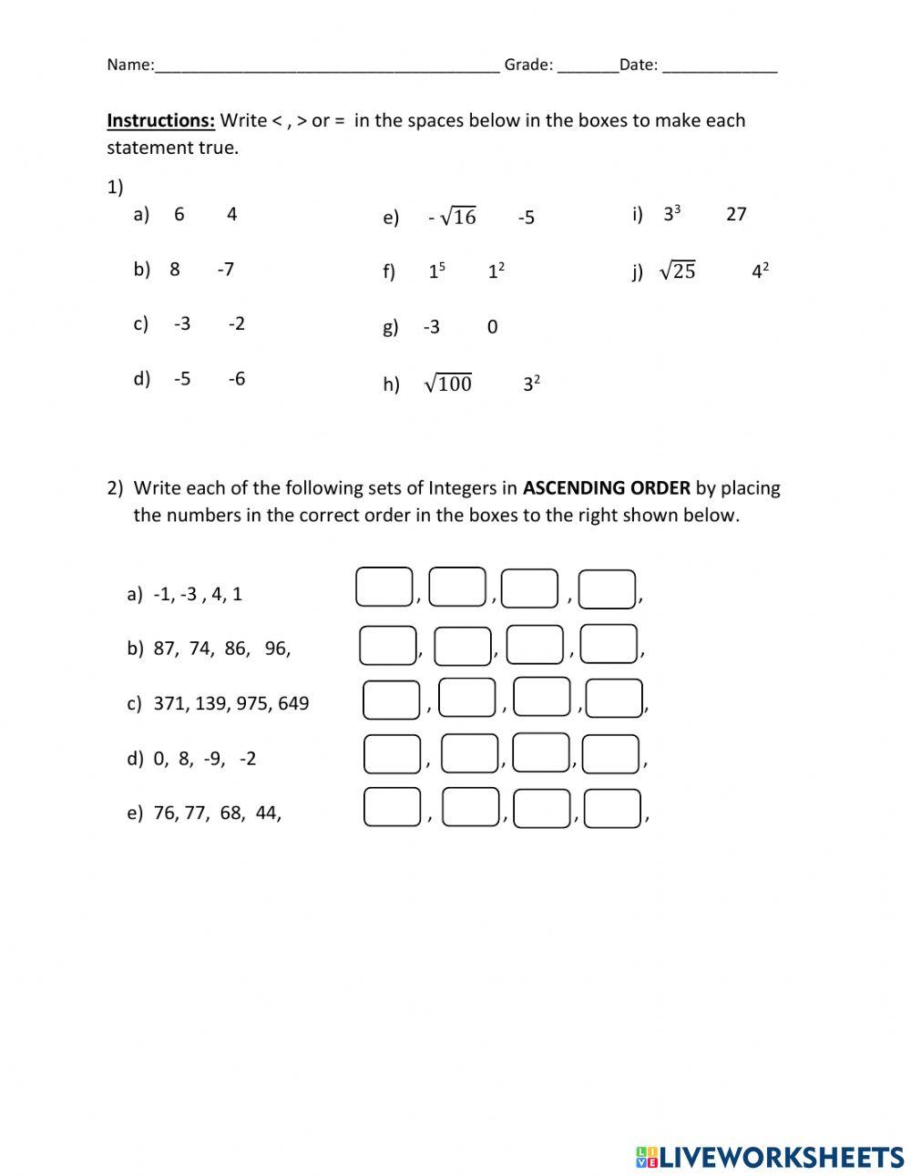 Compare and Order Integers