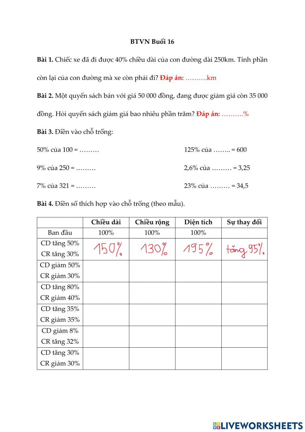 BTVN Lớp ST7.5G3 - Buổi 16 - Tỉ số phần trăm