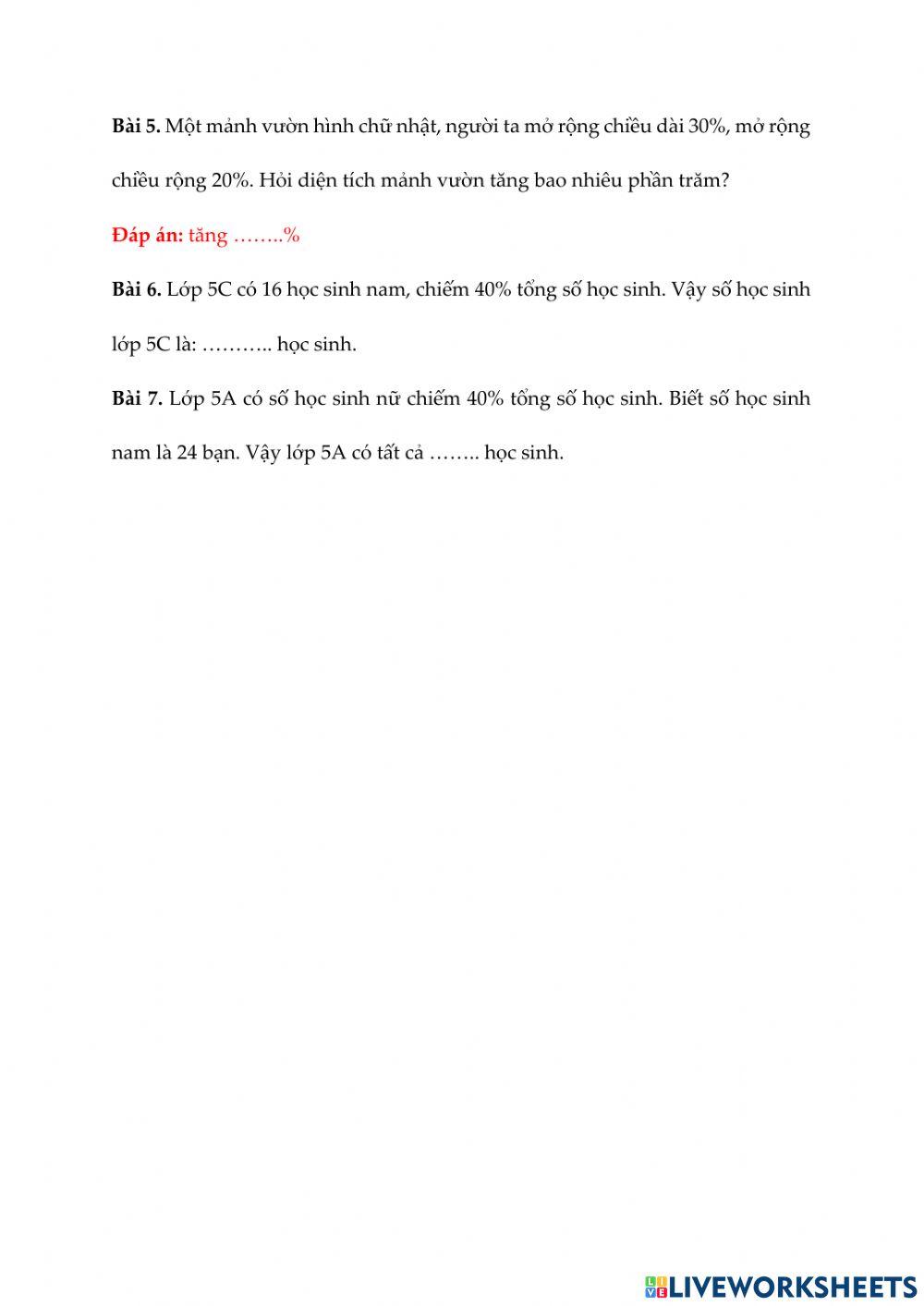 BTVN Lớp ST7.5G3 - Buổi 16 - Tỉ số phần trăm