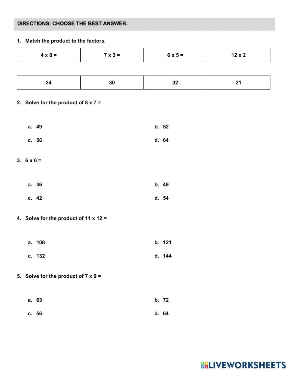 Multiplication Fact Fluency worksheet | Live Worksheets