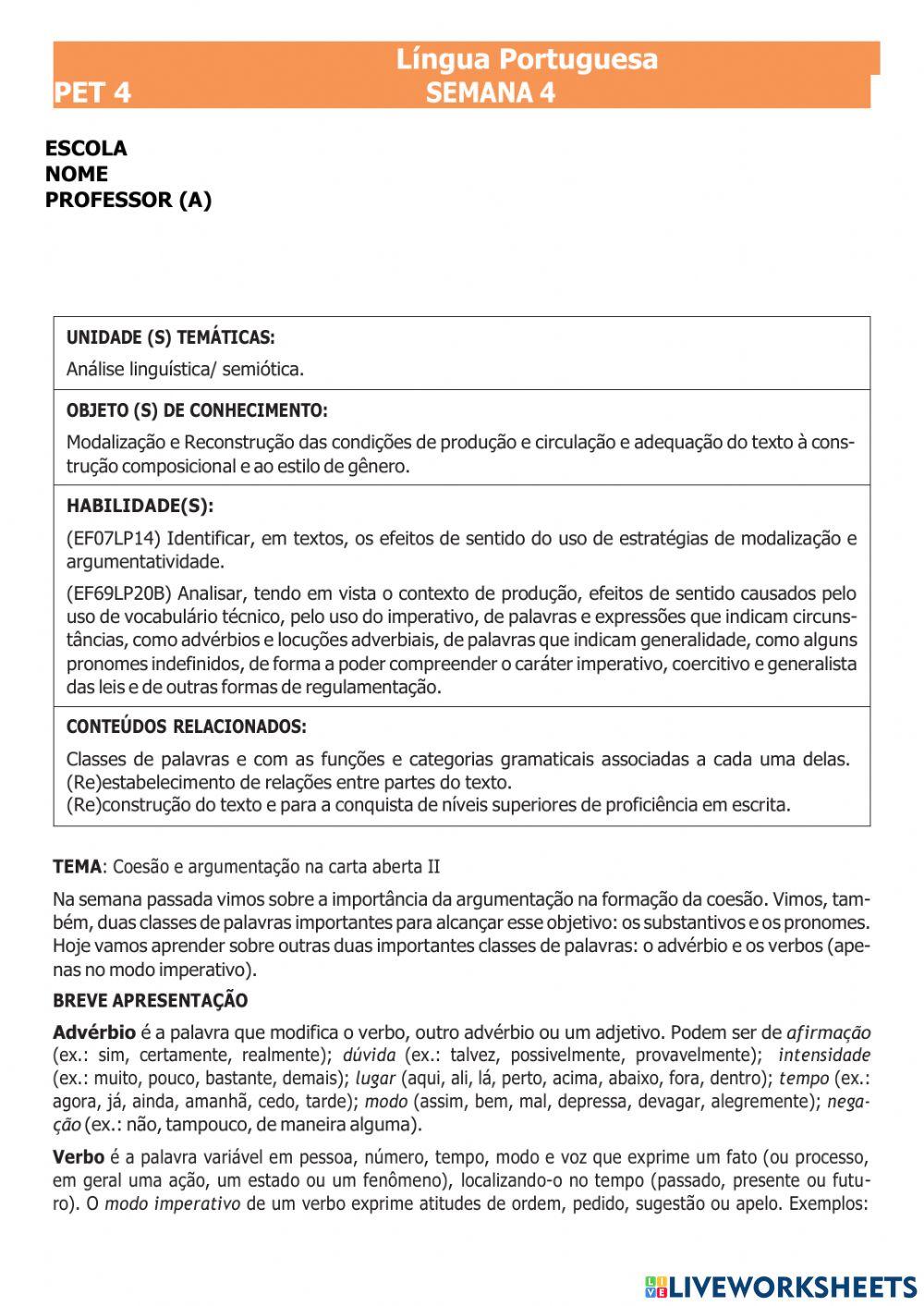 Pet 4- 7º ano  semana 4