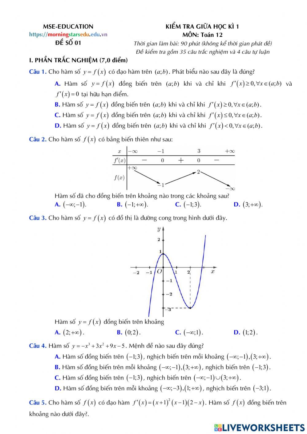 Toán 12 - Kiểm tra giữa kì 1