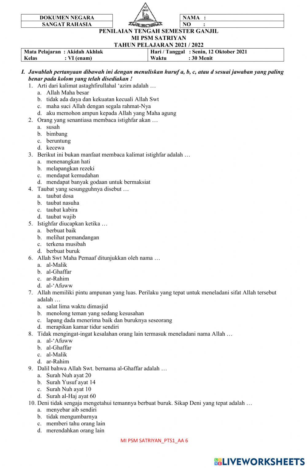 Pts ganjil akidah akhlak 6