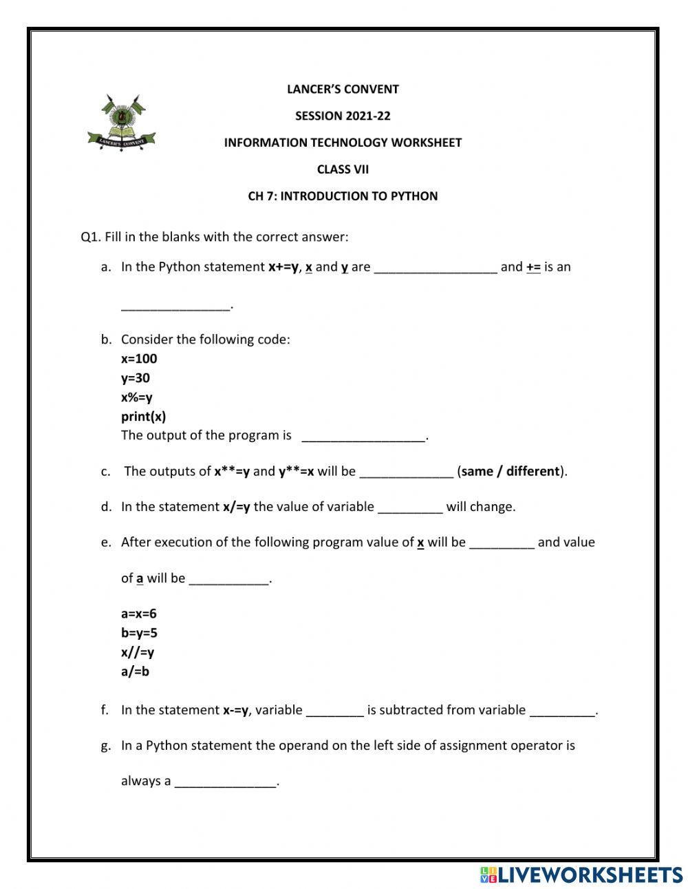 CH7 : INTRODUCTION TO PYTHON online exercise for | Live Worksheets
