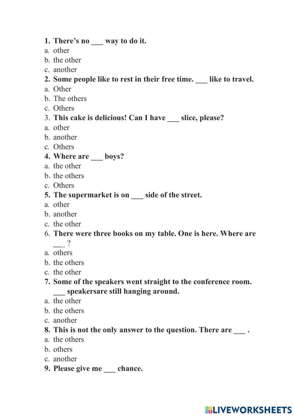 Phân biệt other, the other, another worksheet | Live Worksheets