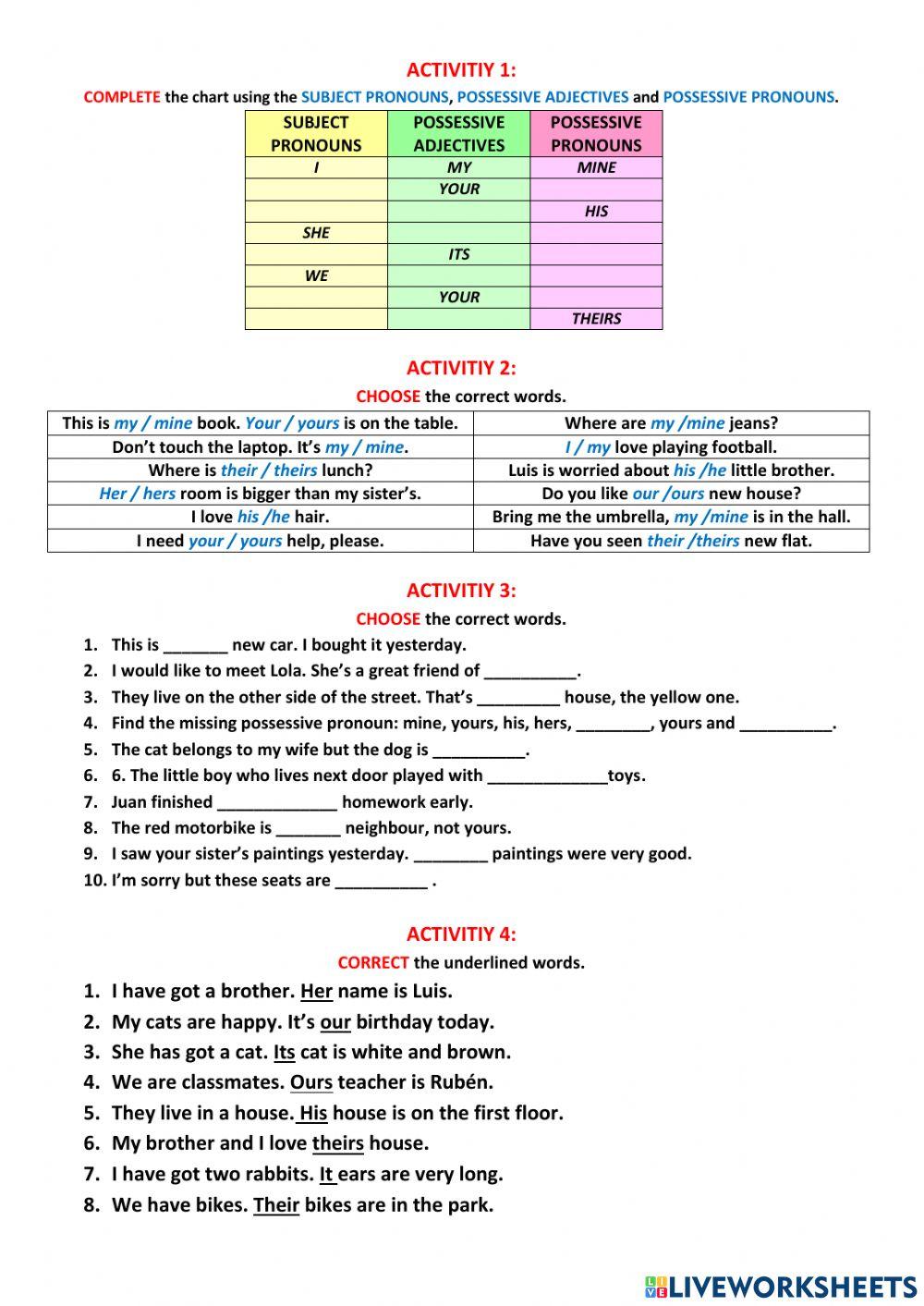 Possessive pronouns and adjectives