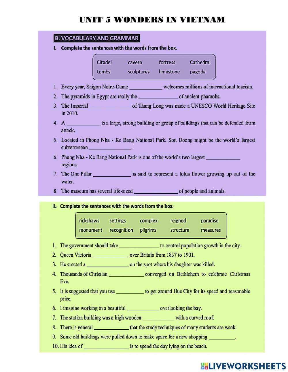 Unit Wonders In Vietnam Worksheet Live Worksheets