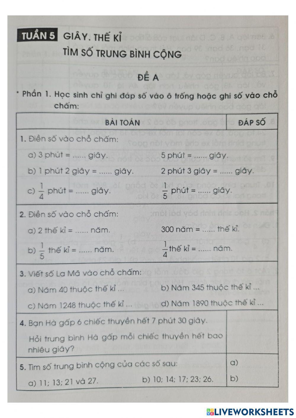 BT Toán cuối tuần 5