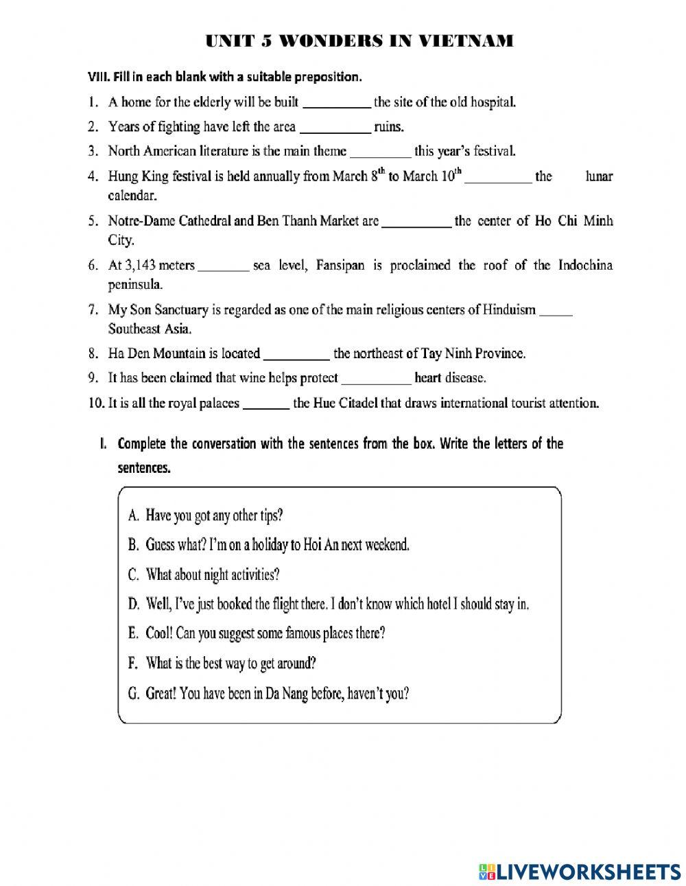 Unit Wonders In Vietnam Worksheet Live Worksheets