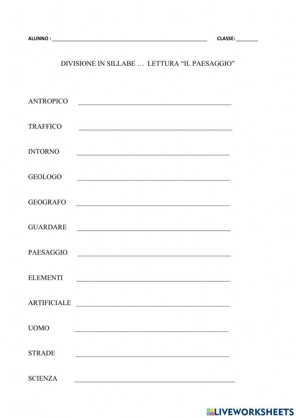 Divisione in sillabe lettura IL PAESAGGIO