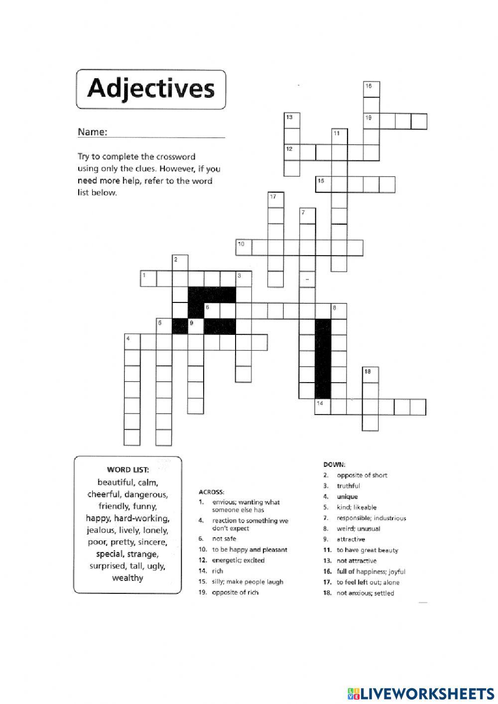 Adjective crossword online exercise for Live Worksheets