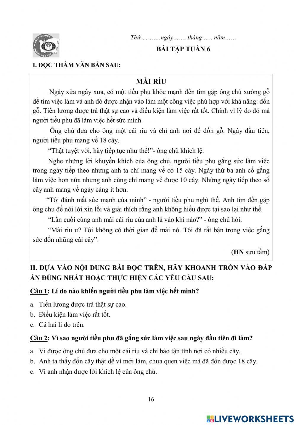 Bài tập cuối tuần TV 4 tuần 6