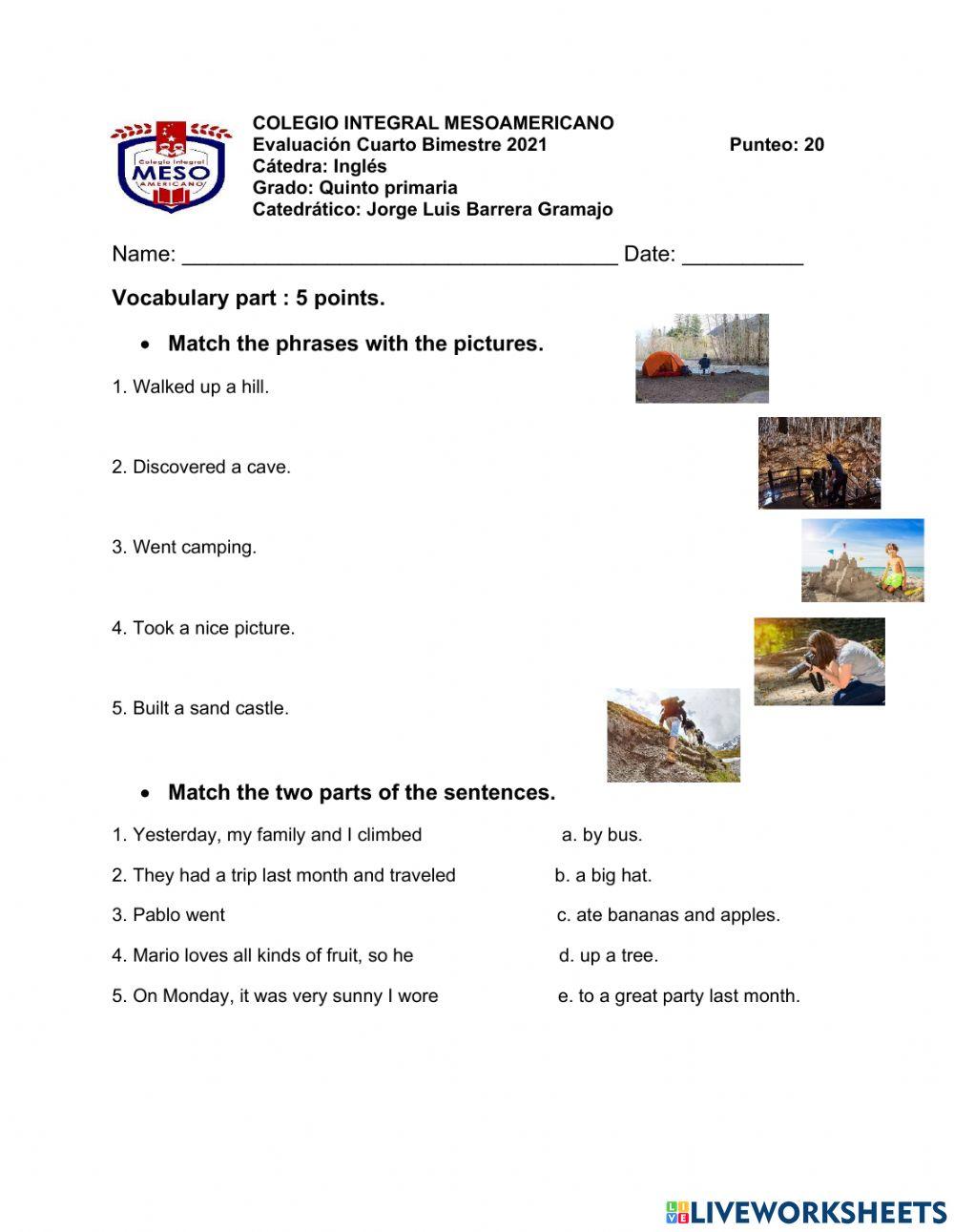 Examen 5to. primaria Inglés cuarto bimestre.